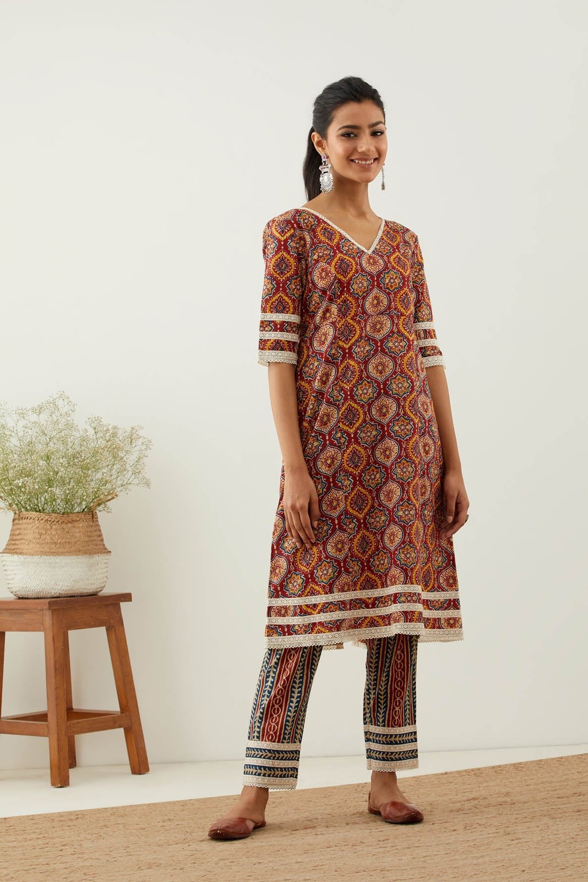 Red Cotton Printed Markab Kurta - The Indian Cause