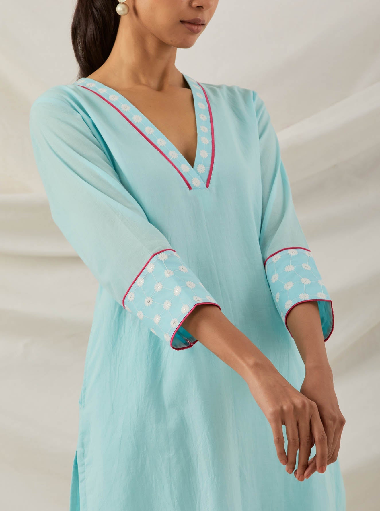 Blue Plain Kali Short Kurta With Chikankari Detail - The Indian Cause