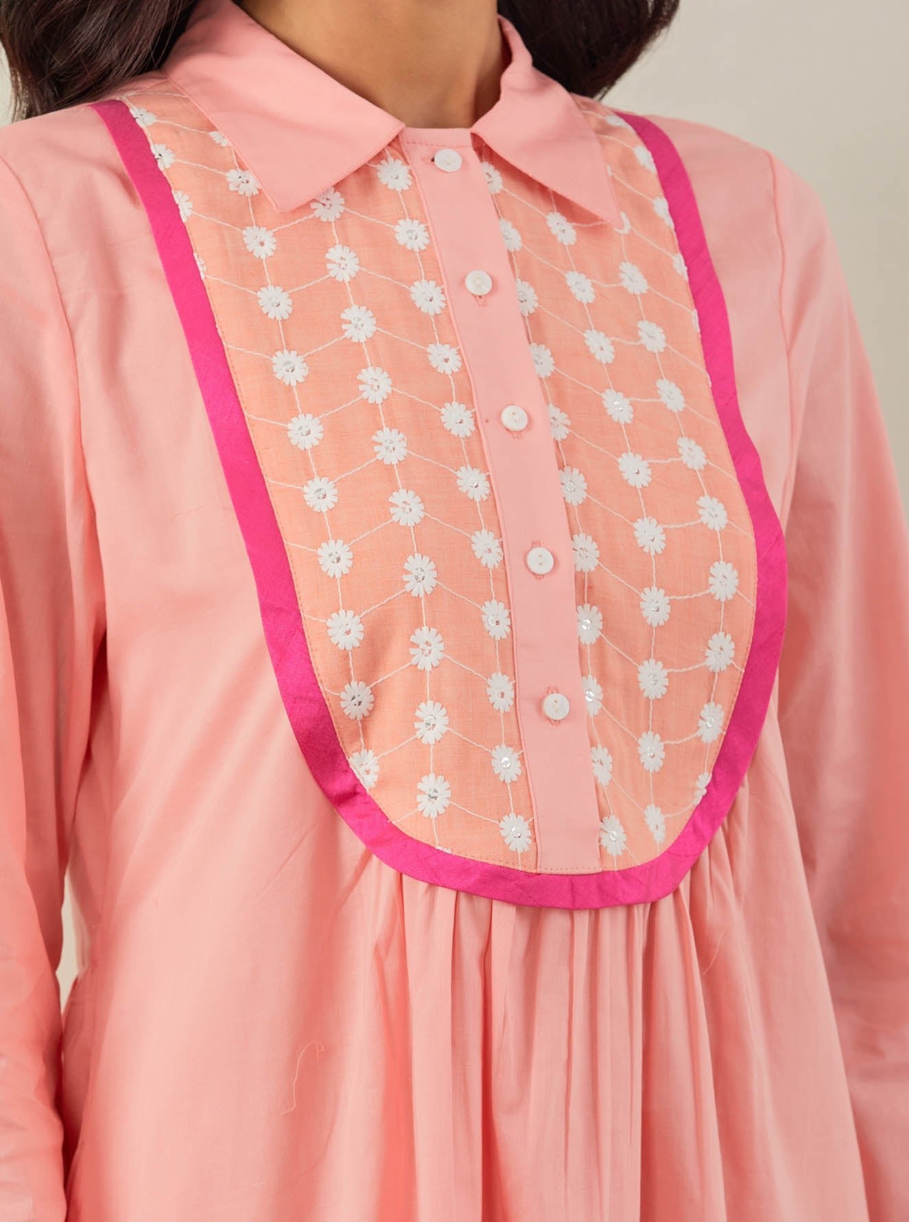 Peach Plain Zaid Collared Long Dress With Chikankari Yoke - The Indian Cause