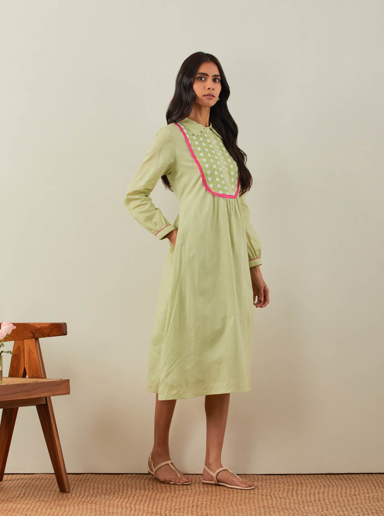 Green Plain Zaid Collared Long Dress With Chikankari Yoke - The Indian Cause