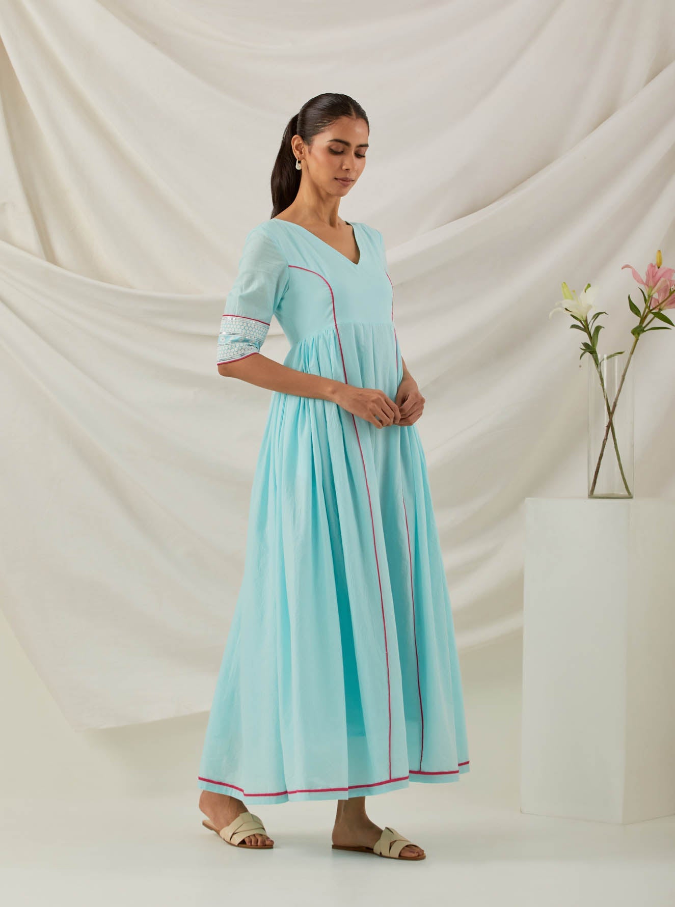 Blue Plain Markab Anarkali Dress With Chikankari Border - The Indian Cause