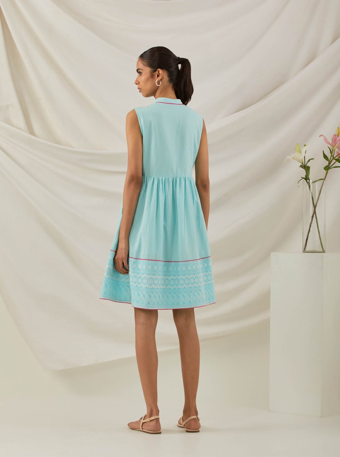 Blue Plain Amore Placket Short Dress With Chikankari Border - The Indian Cause