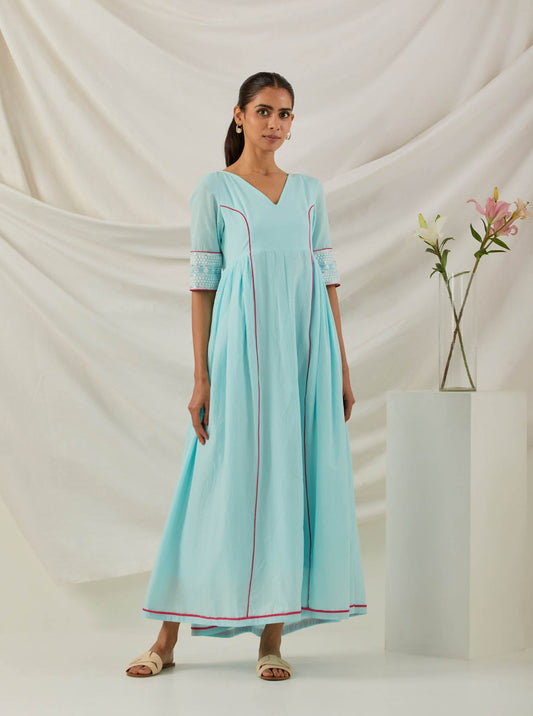 Blue Plain Markab Anarkali Dress With Chikankari Border - The Indian Cause