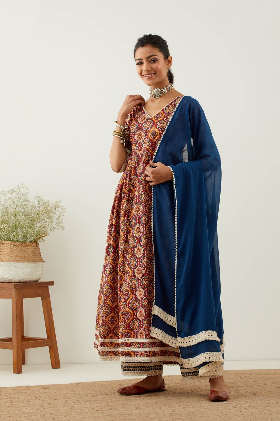 Red Cotton Printed Markab Anarkali Kurta Set (Set of 3) - The Indian Cause