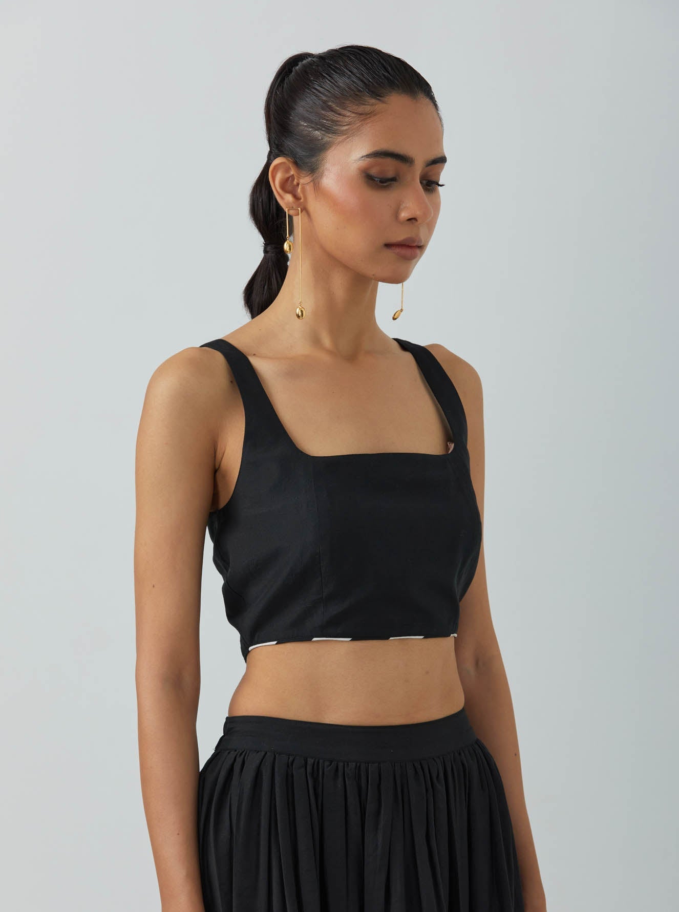 Black Chanderi Zade Bralette With Full Length Skirt And Overlay (Set Of 3) - The Indian Cause