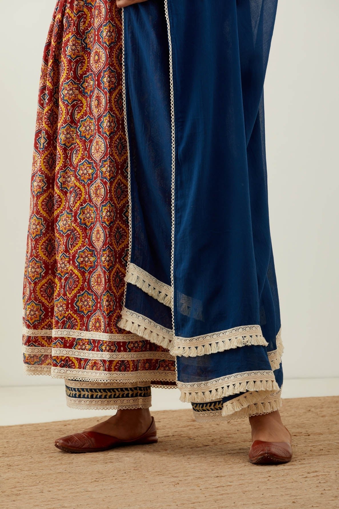 Red Cotton Printed Markab Anarkali Kurta Set (Set of 3) - The Indian Cause