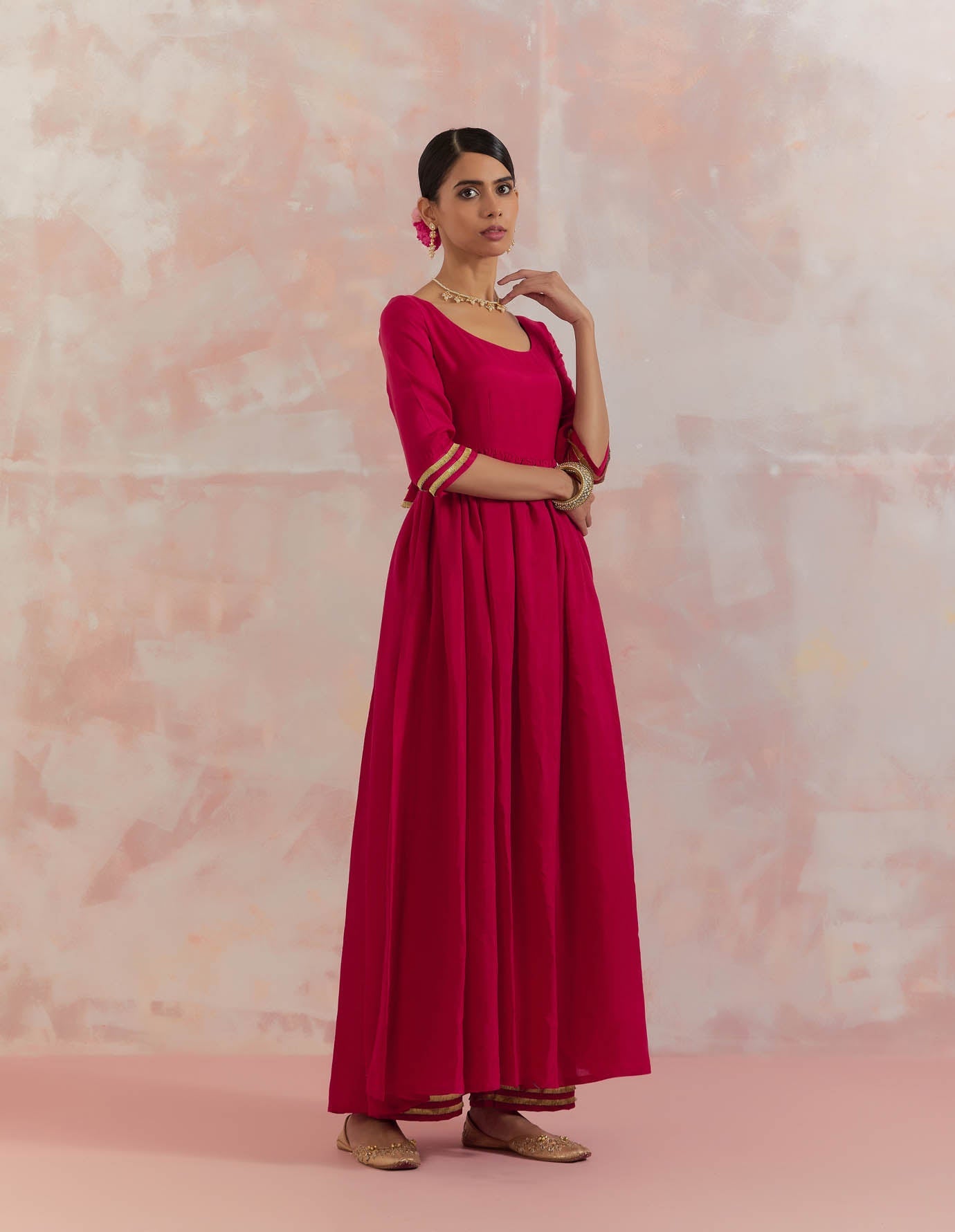Red Afreen Gathered Anarkali Kurta With Pant (Set Of 2) - The Indian Cause
