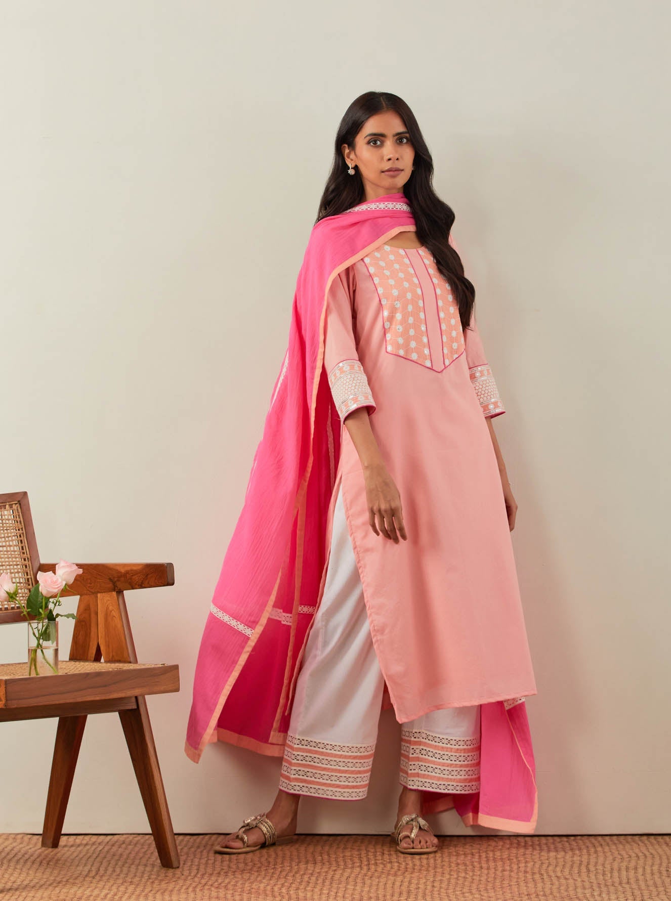Peach Plain Rooh Straight Kurta With Chikankari Yoke Details - The Indian Cause