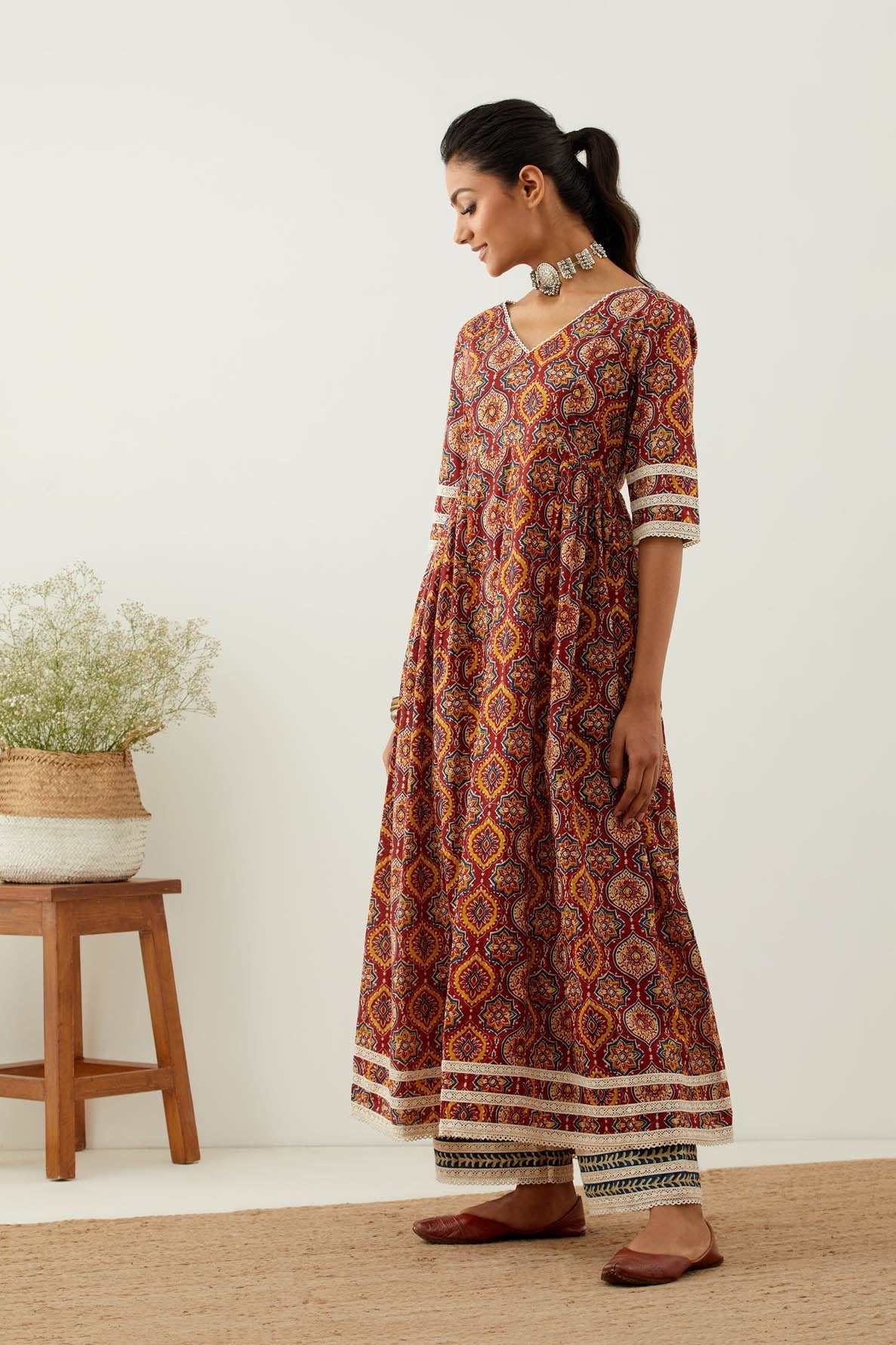 Red Cotton Printed Markab Anarkali Kurta Set (Set of 3) - The Indian Cause