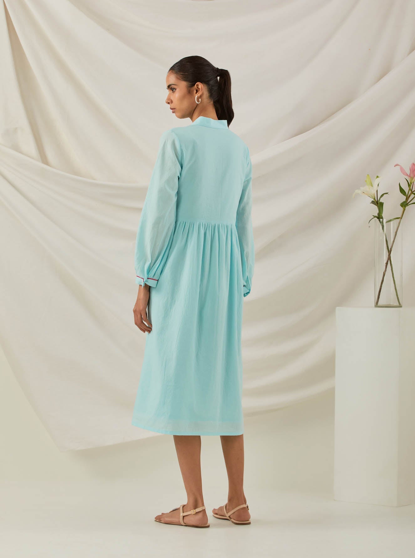 Blue Plain Zaid Collared Long Dress With Chikankari Yoke - The Indian Cause