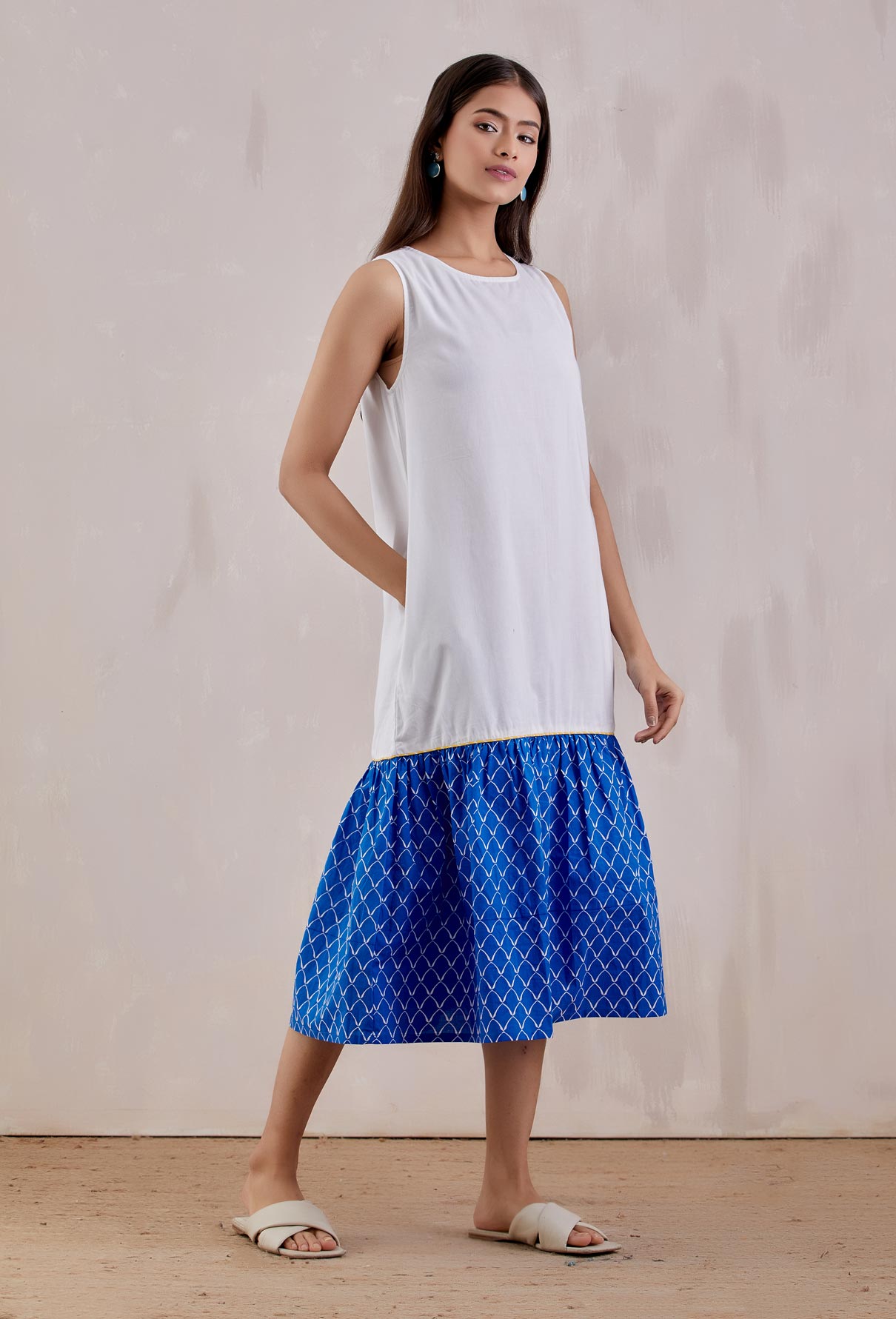 White Blue Printed long Dress - The Indian Cause