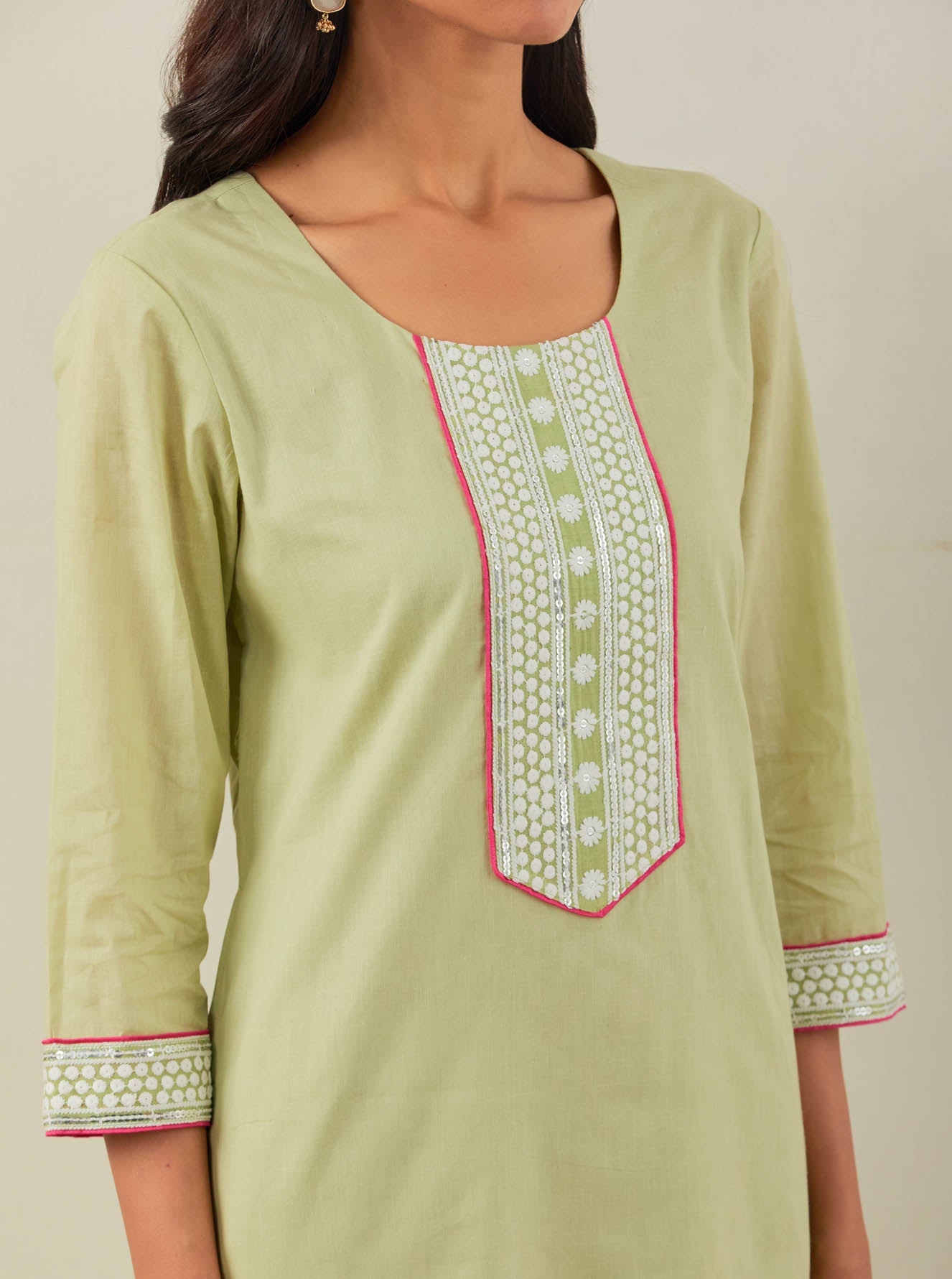 Green Plain Rozana Straight Kurta With Chikankari Placket and Palazzo with wide lace detail (Set of 2) - The Indian Cause