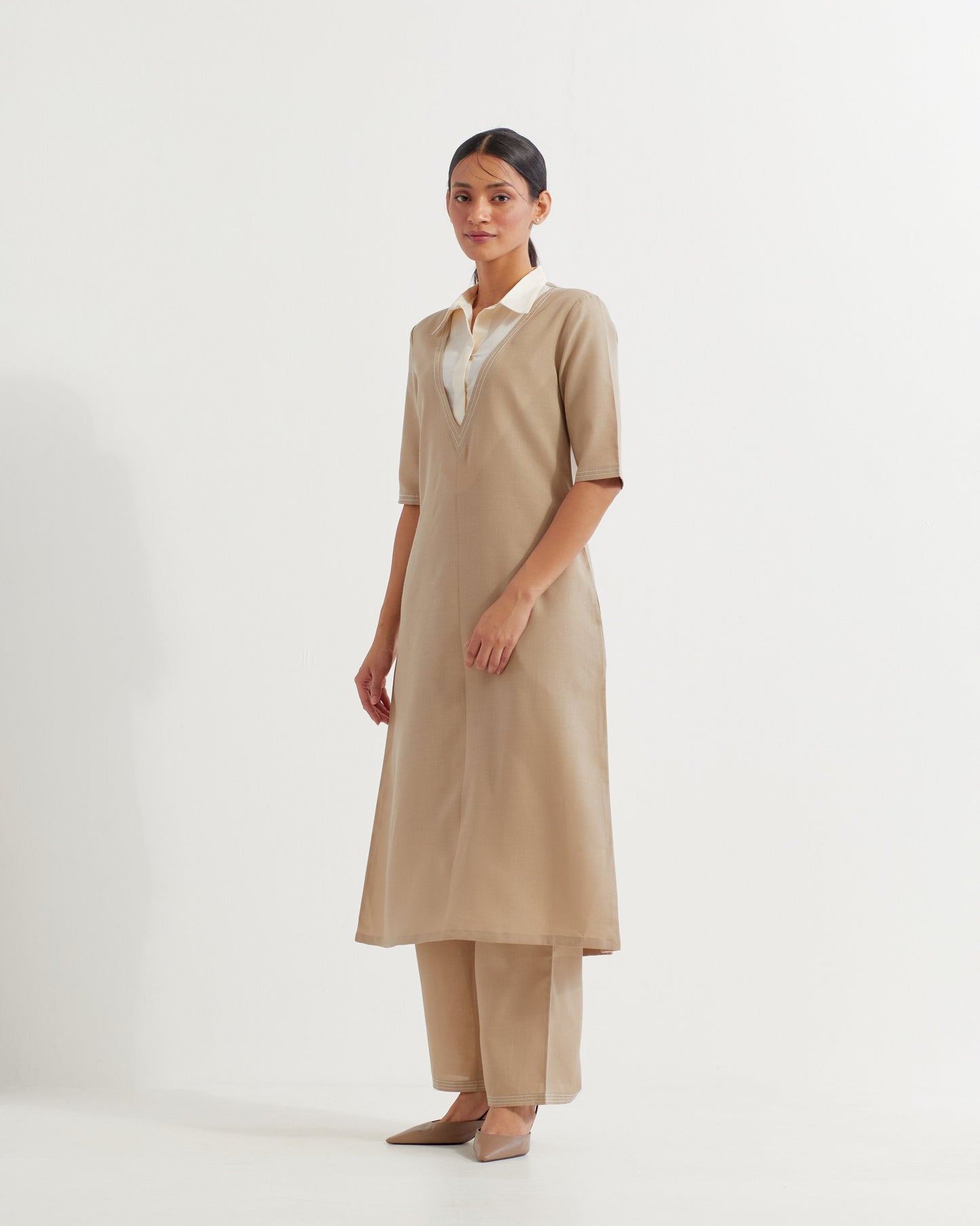 Beige Collared Co-ord Set (Set of 2)