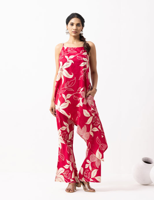 Crimson Red Block Printed Raya Kurta Set (Set of 2)