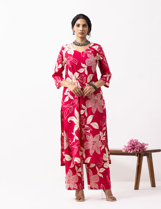 Crimson Red Block Printed Mira Kurta Set (Set of 2)