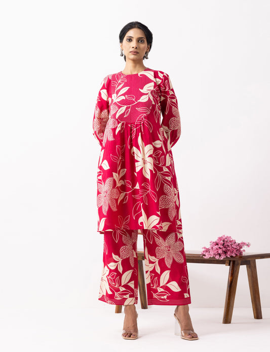 Crimson Red Block Printed Aadhira Kurta Set (Set of 2)