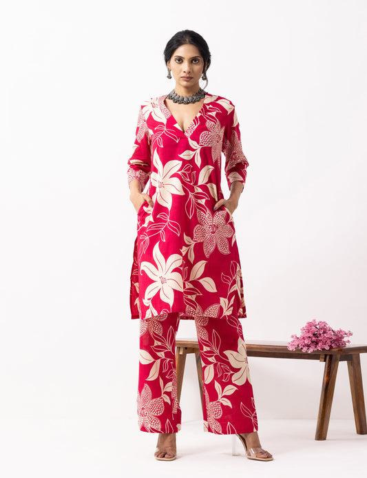 Crimson Red Block Printed Kali Kurta Set (Set of 2)