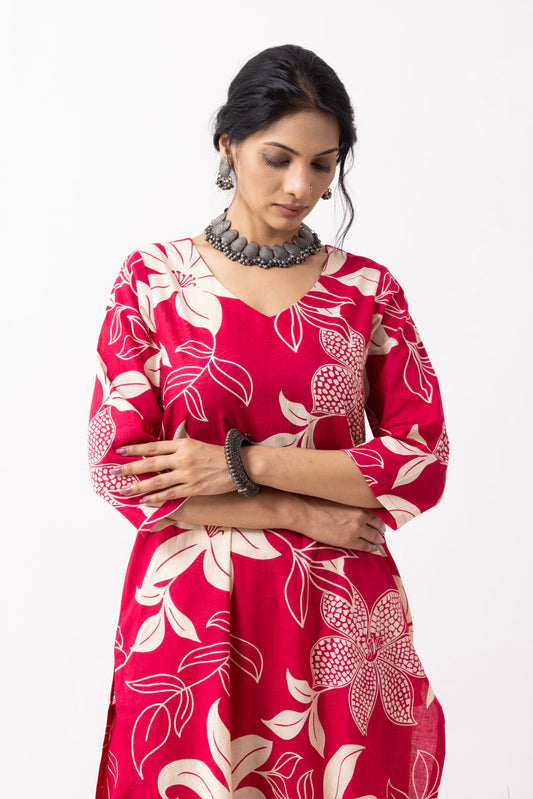 Crimson Red Block Printed Mira Kurta Set (Set of 2)
