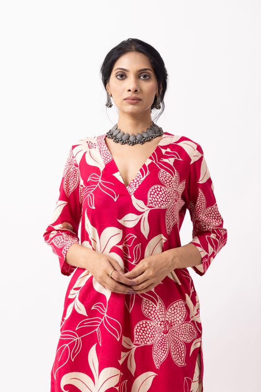 Crimson Red Block Printed Kali Kurta Set (Set of 2)