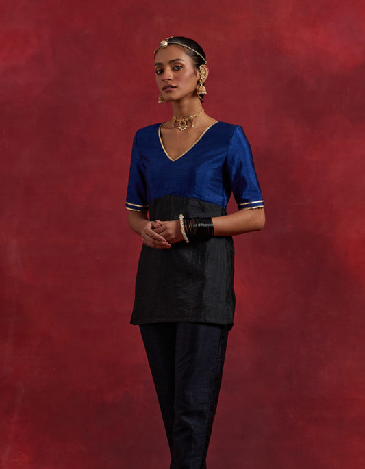 Blue Black Raw Silk Sadhna Kurta