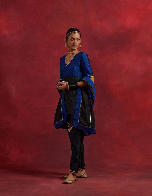 Blue Black Raw Silk Sadhna Kurta Set (Set Of 3)