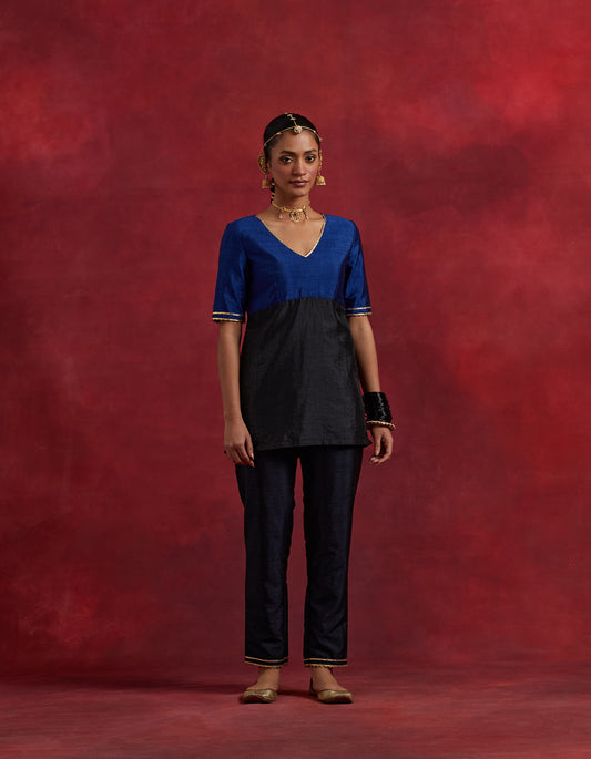 Blue Black Raw Silk Sadhna Kurta Set (Set Of 3)