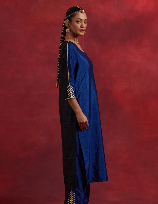 Blue Black Raw Silk Half And Half Kurta