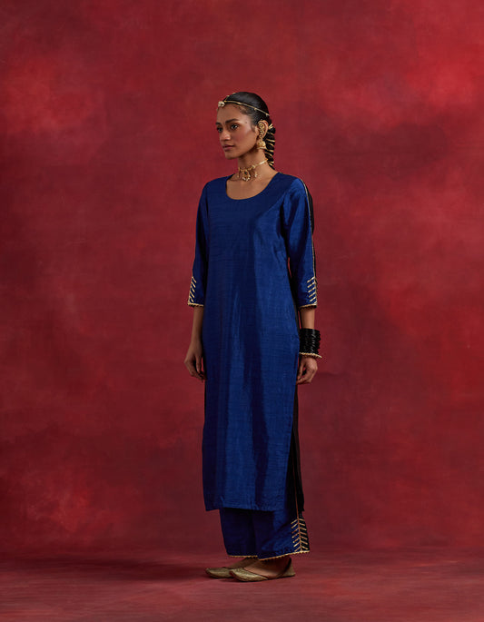Blue Black Raw Silk Half And Half Kurta