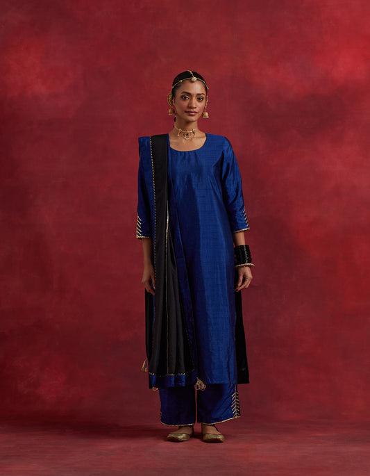 Blue Black Raw Silk Half And Half Kurta Set (Set Of 3)