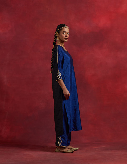 Blue Black Raw Silk Half And Half Kurta Set (Set Of 3)