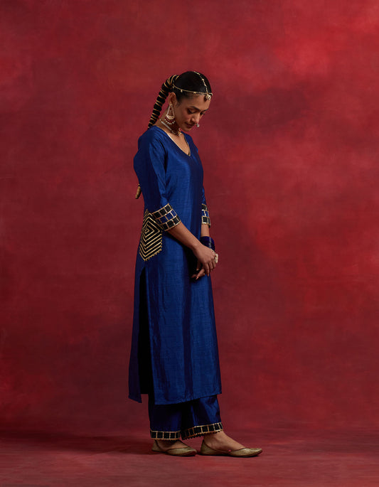 Blue Black Raw Silk Mira Kurta Set (Set Of 3)