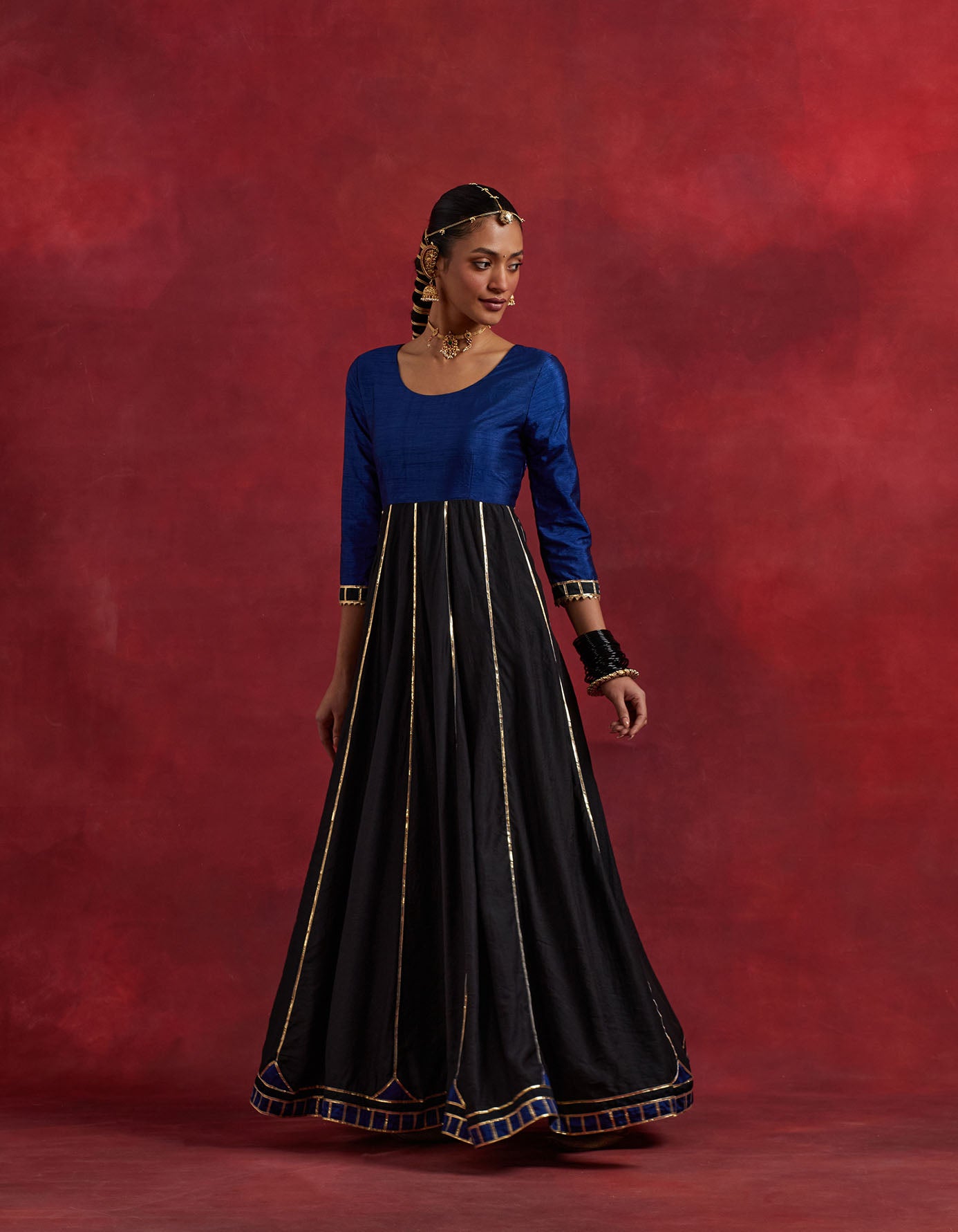 Blue Black Raw Silk And Chanderi Ghoomar Kurta