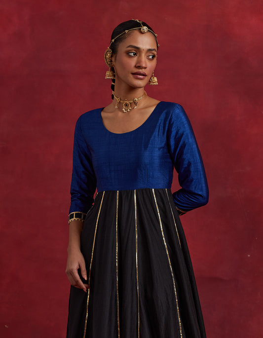 Blue Black Raw Silk And Chanderi Ghoomar Kurta