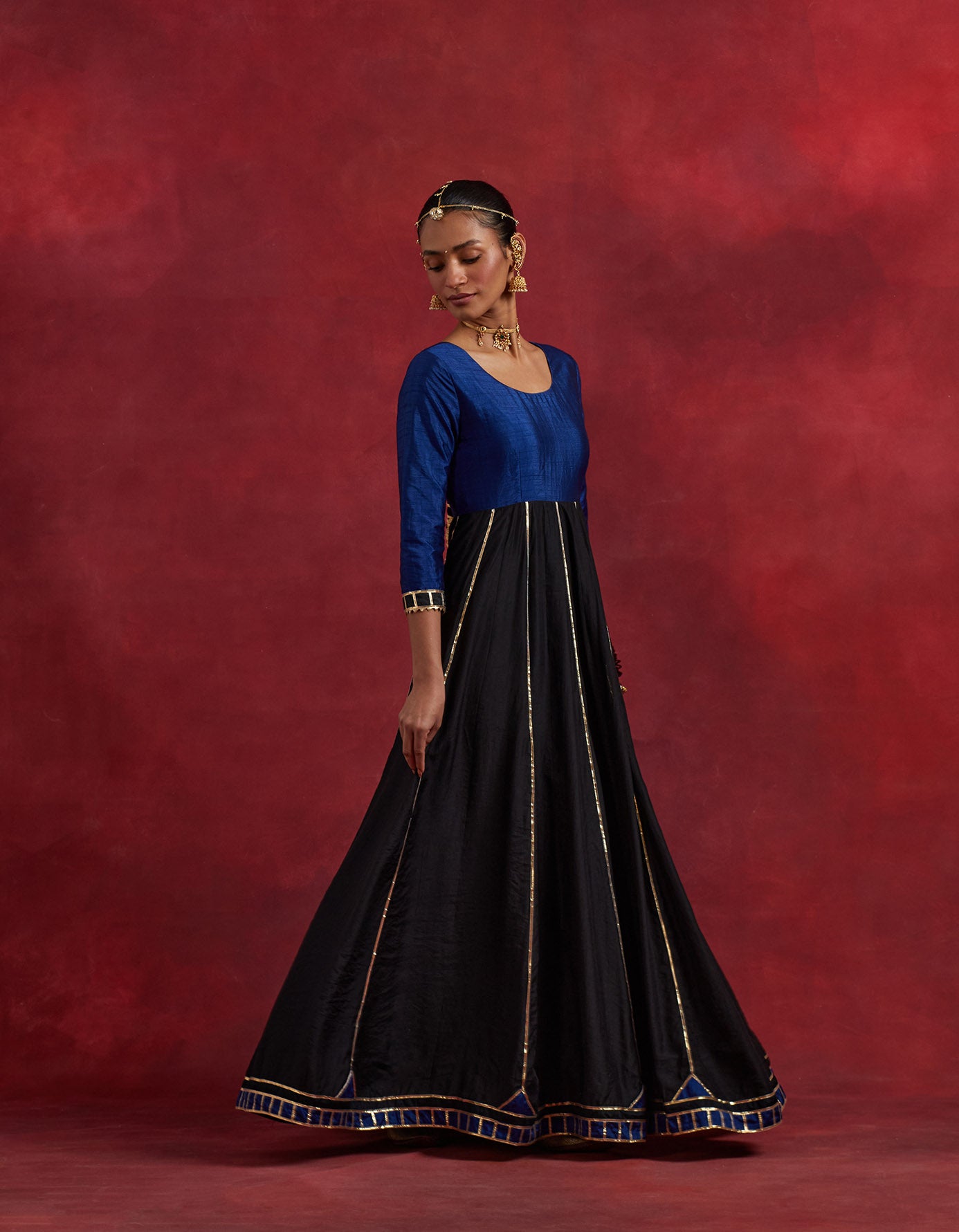 Blue Black Raw Silk And Chanderi Ghoomar Kurta