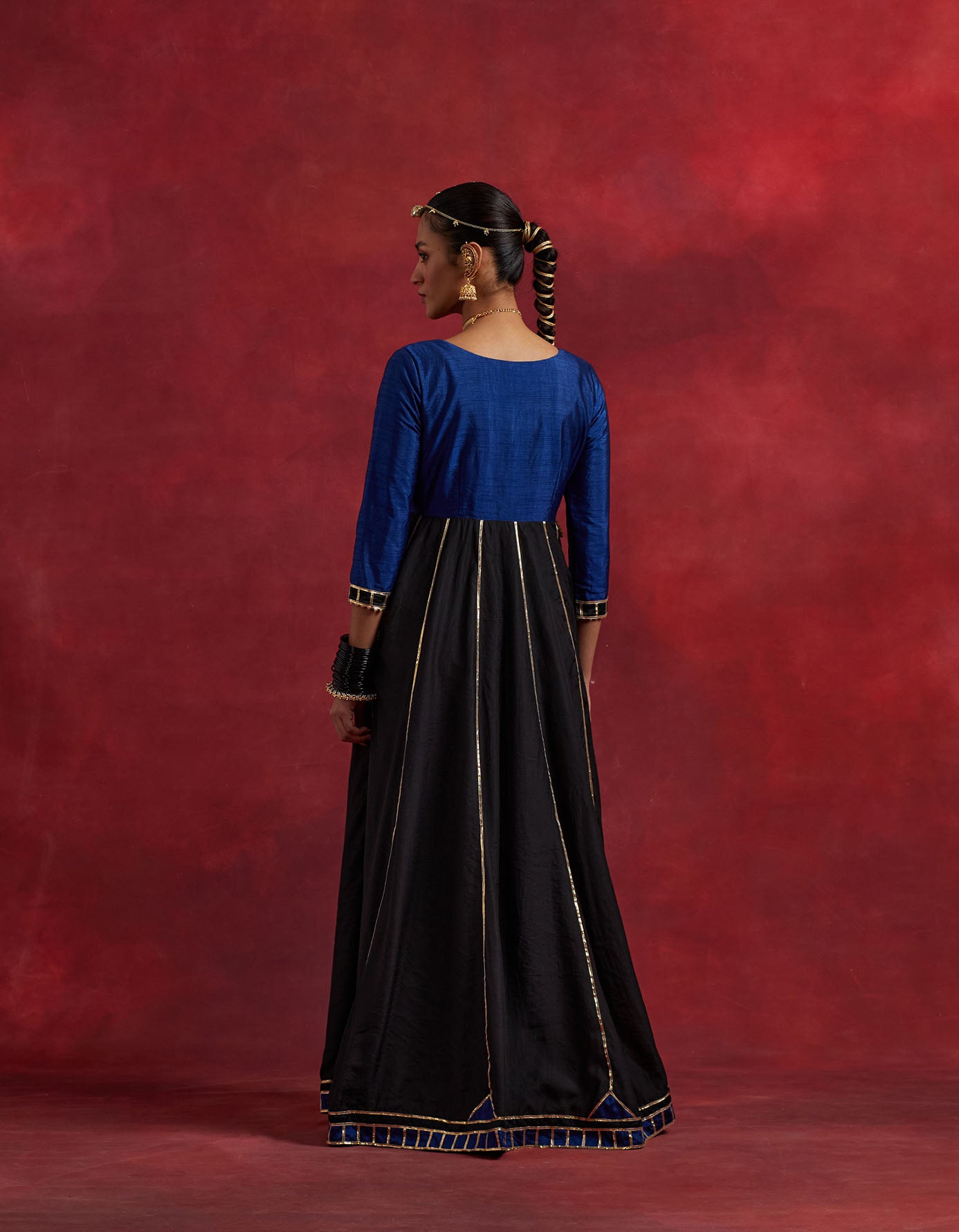 Blue Black Raw Silk And Chanderi Ghoomar Kurta