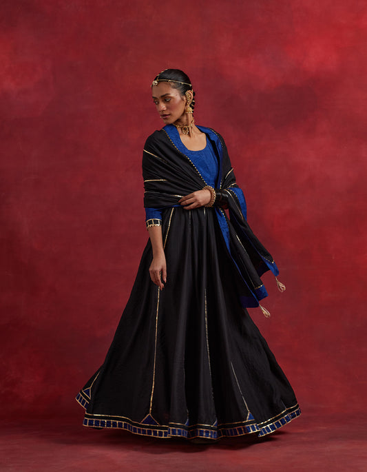 Blue Black Raw Silk And Chanderi Ghoomar Kurta Set (Set Of 2)