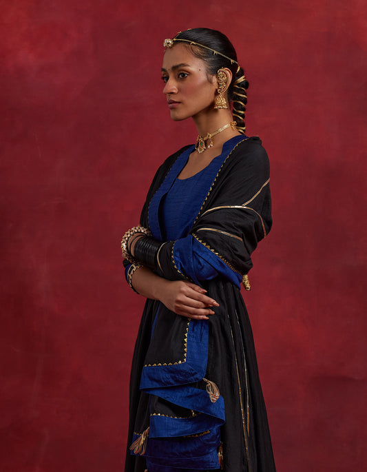 Blue Black Raw Silk And Chanderi Ghoomar Kurta Set (Set Of 2)