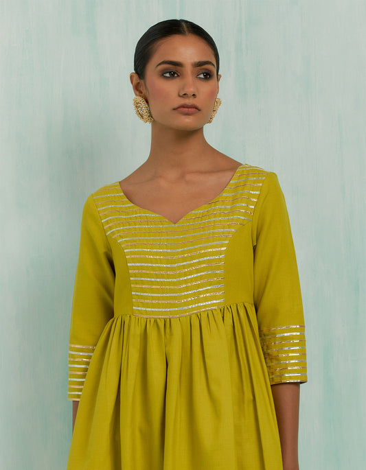 Lemon Green Naaz Anarkali Kurta And Palazzo With Gold Silver Gota Details (Set Of 2)