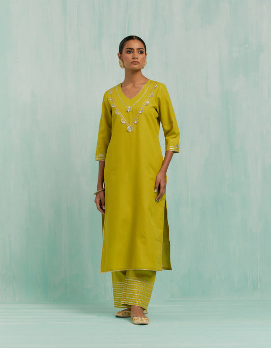 Lemon Green Mira Straight Kurta And Palazzo With Gold Silver Gota Details (Set Of 2)