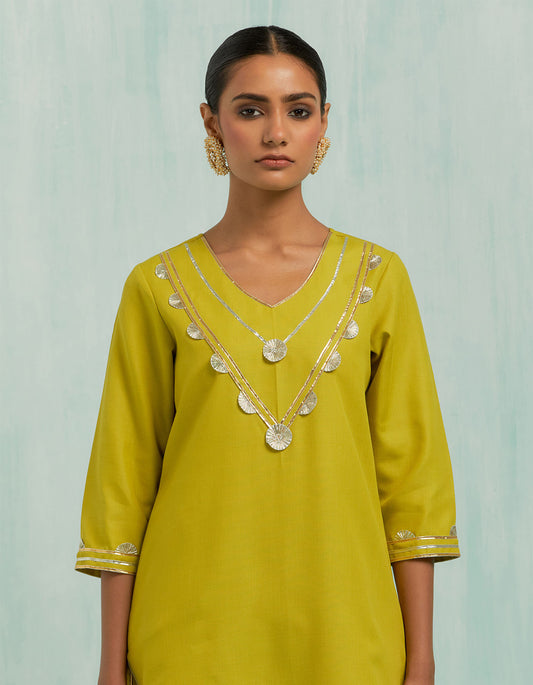 Lemon Green Mira Straight Kurta And Palazzo With Gold Silver Gota Details (Set Of 2)