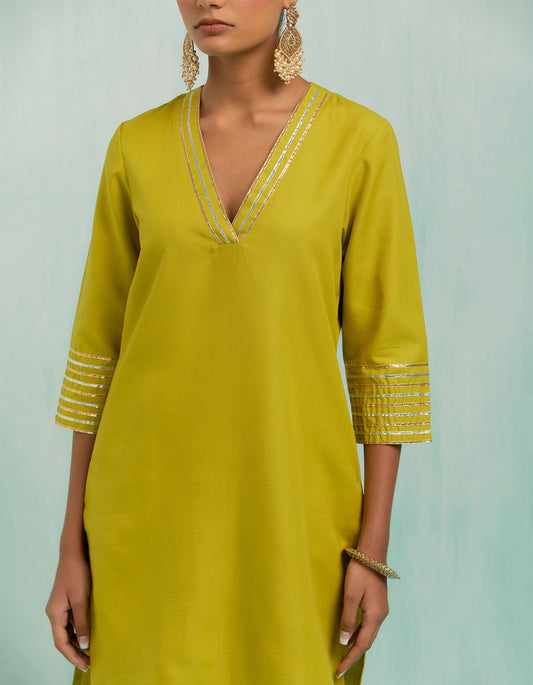 Lemon Green Kali Short Kurta And Palazzo With Gold Silver Gota Details (Set Of 2)