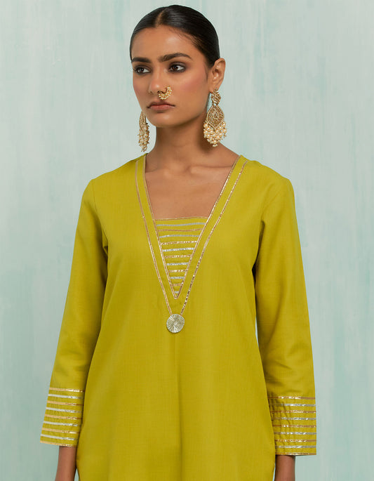 Lemon Green Rukhsaar Straight Kurta And Palazzo With Gold Silver Gota Details (Set Of 2)