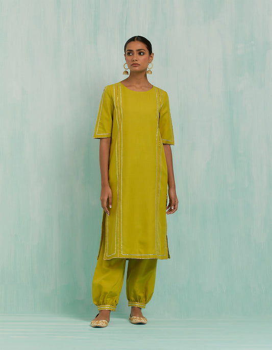 Lemon Green Rukbat Kurta And Salwar With Gold Silver Gota Details (Set Of 2)