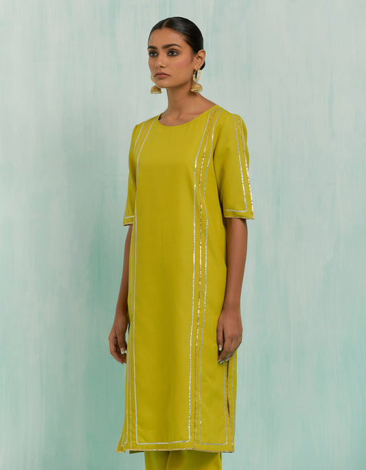 Lemon Green Rukbat Kurta And Salwar With Gold Silver Gota Details (Set Of 2)