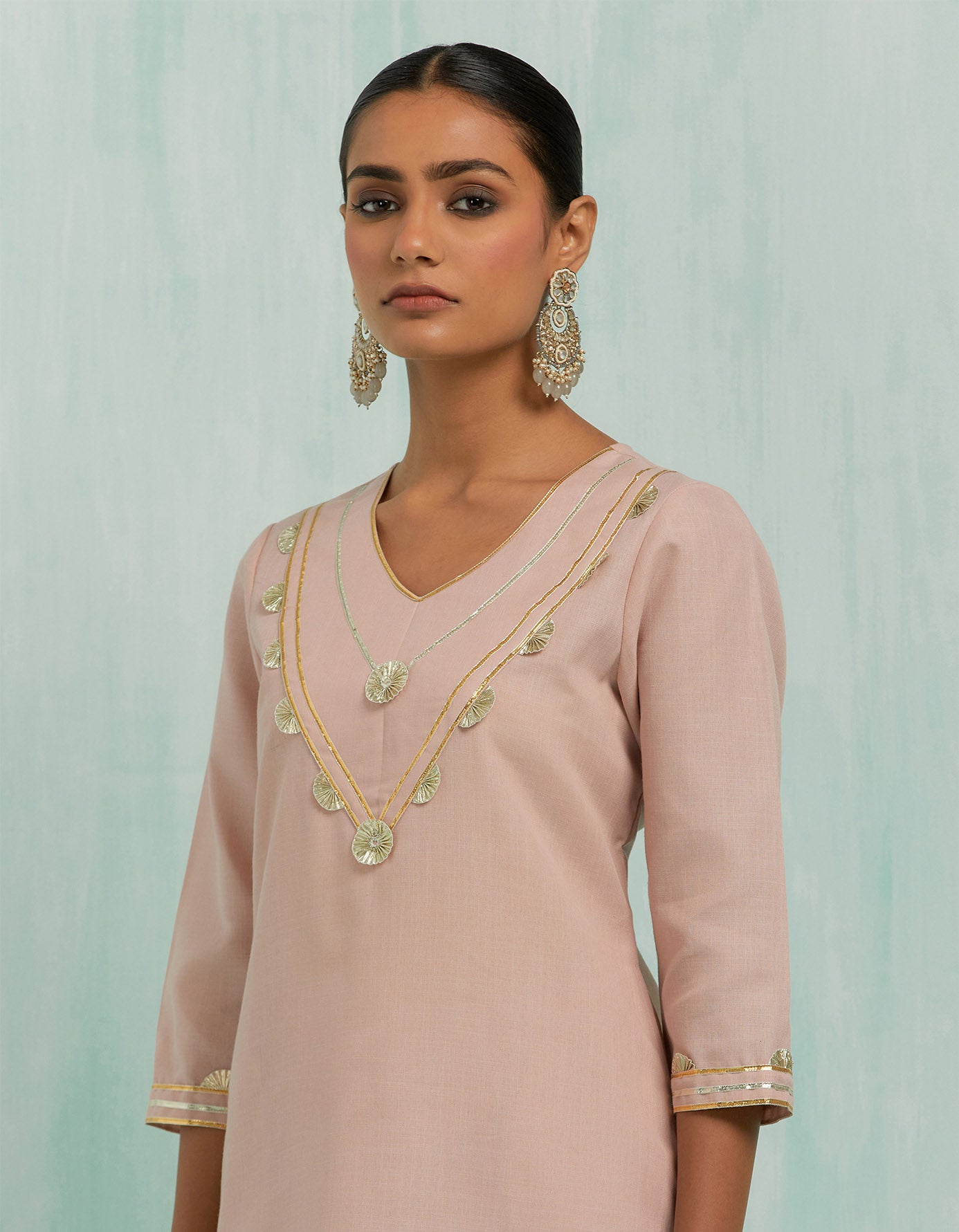 Pale Pink Mira Straight Kurta And Palazzo With Gold Silver Gota Details (Set Of 2)