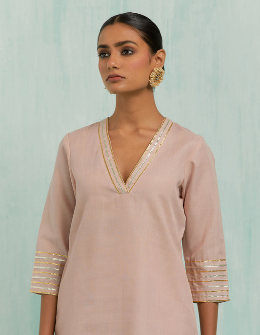 Pale Pink Kali Short Kurta And Palazzo With Gold Silver Gota Details (Set Of 2)