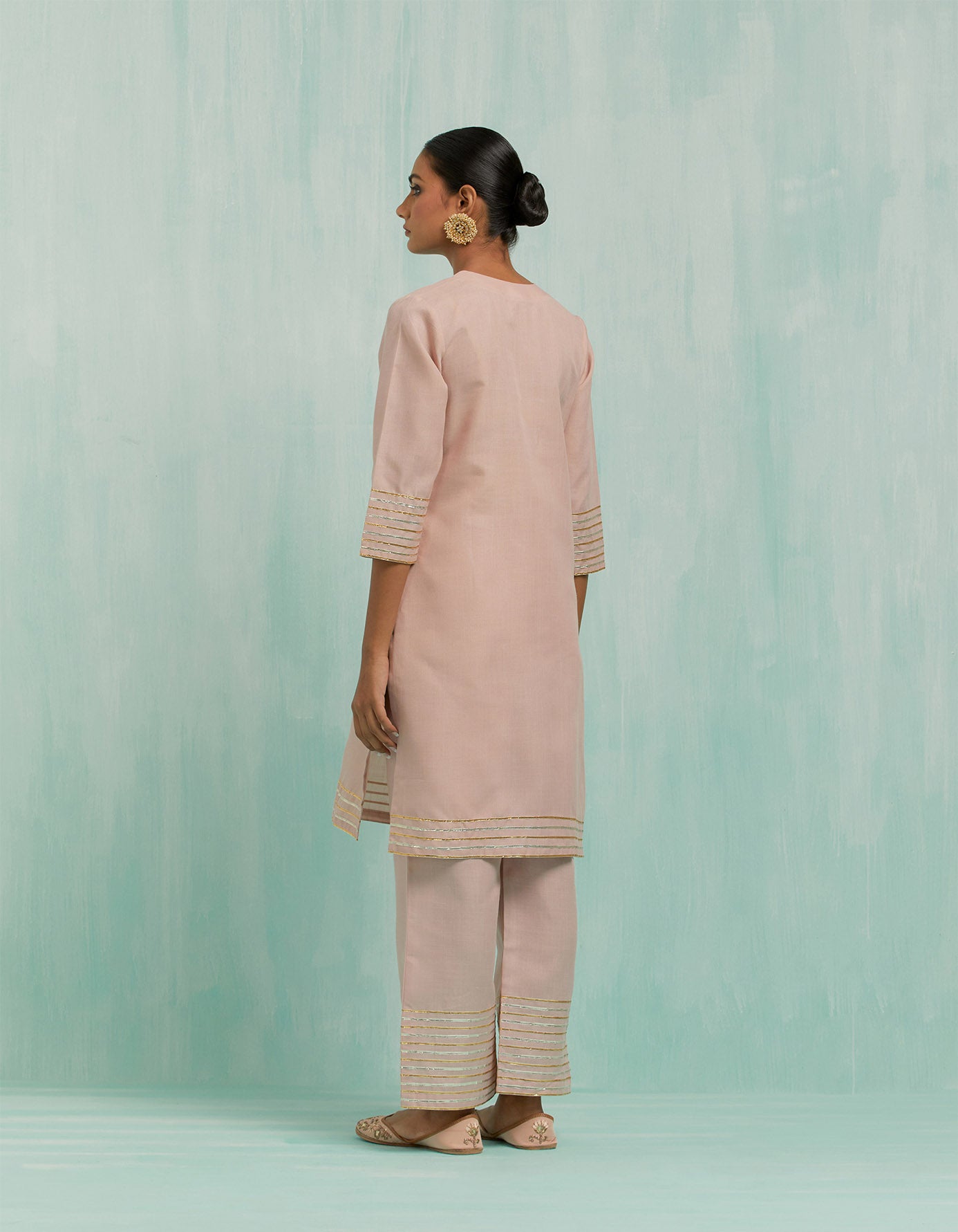 Pale Pink Kali Short Kurta And Palazzo With Gold Silver Gota Details (Set Of 2)