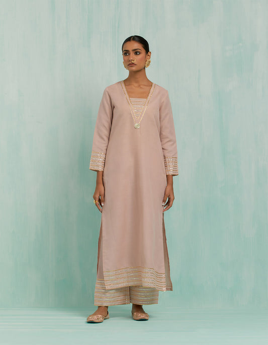 Pale Pink Rukhsaar Straight Kurta And Palazzo With Gold Silver Gota Details (Set Of 2)