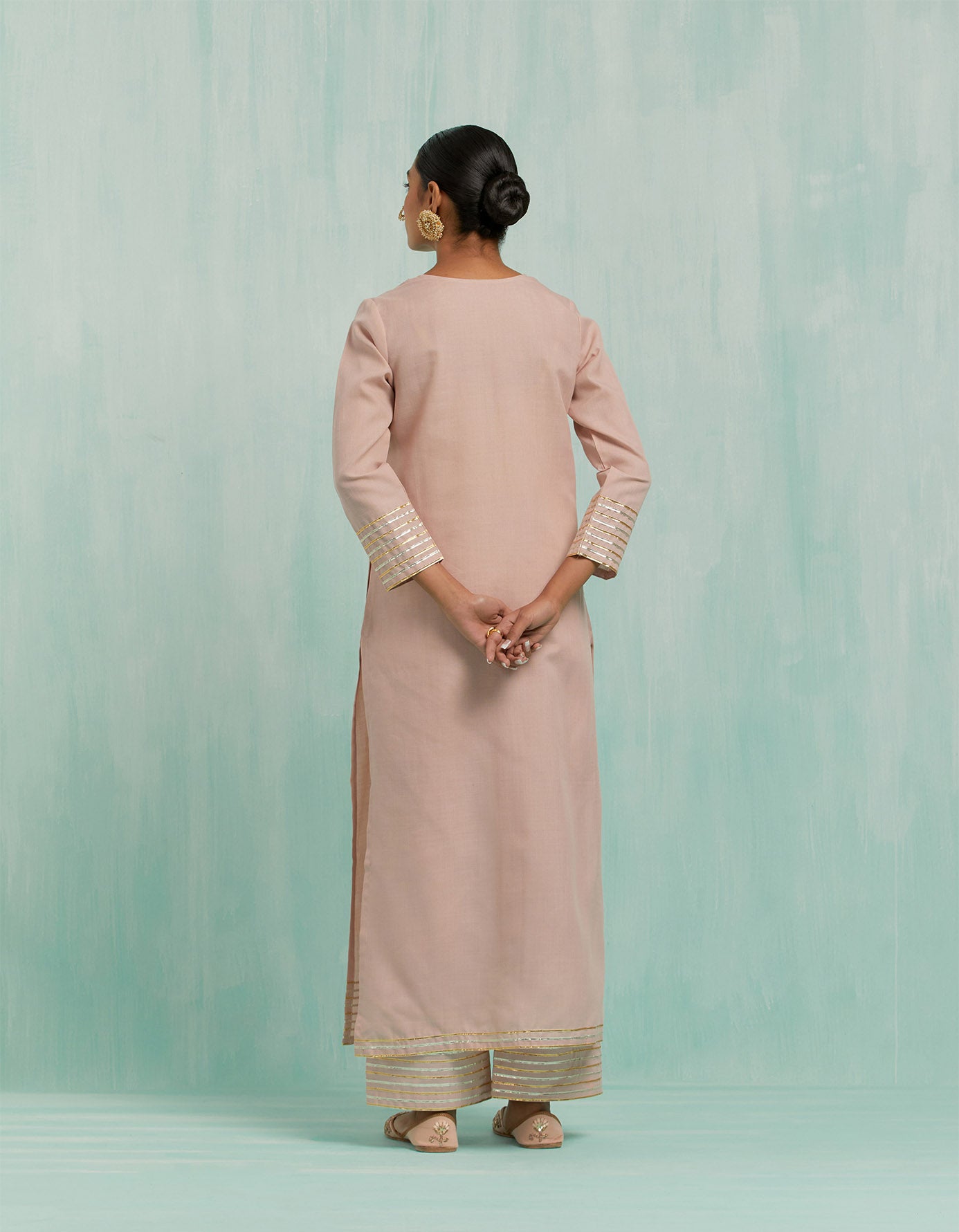 Pale Pink Rukhsaar Straight Kurta And Palazzo With Gold Silver Gota Details (Set Of 2)