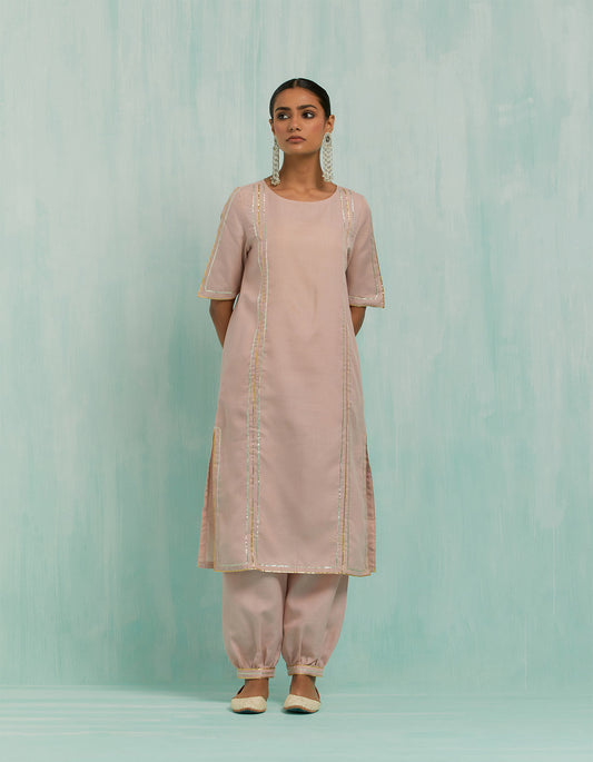 Pale Pink Rukbat Kurta And Salwar With Gold Silver Gota Details (Set Of 2)